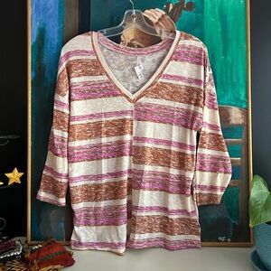 Tribal Jeans Chic Striped V-Neck Blouse in Cream, Brown, and Pink Small